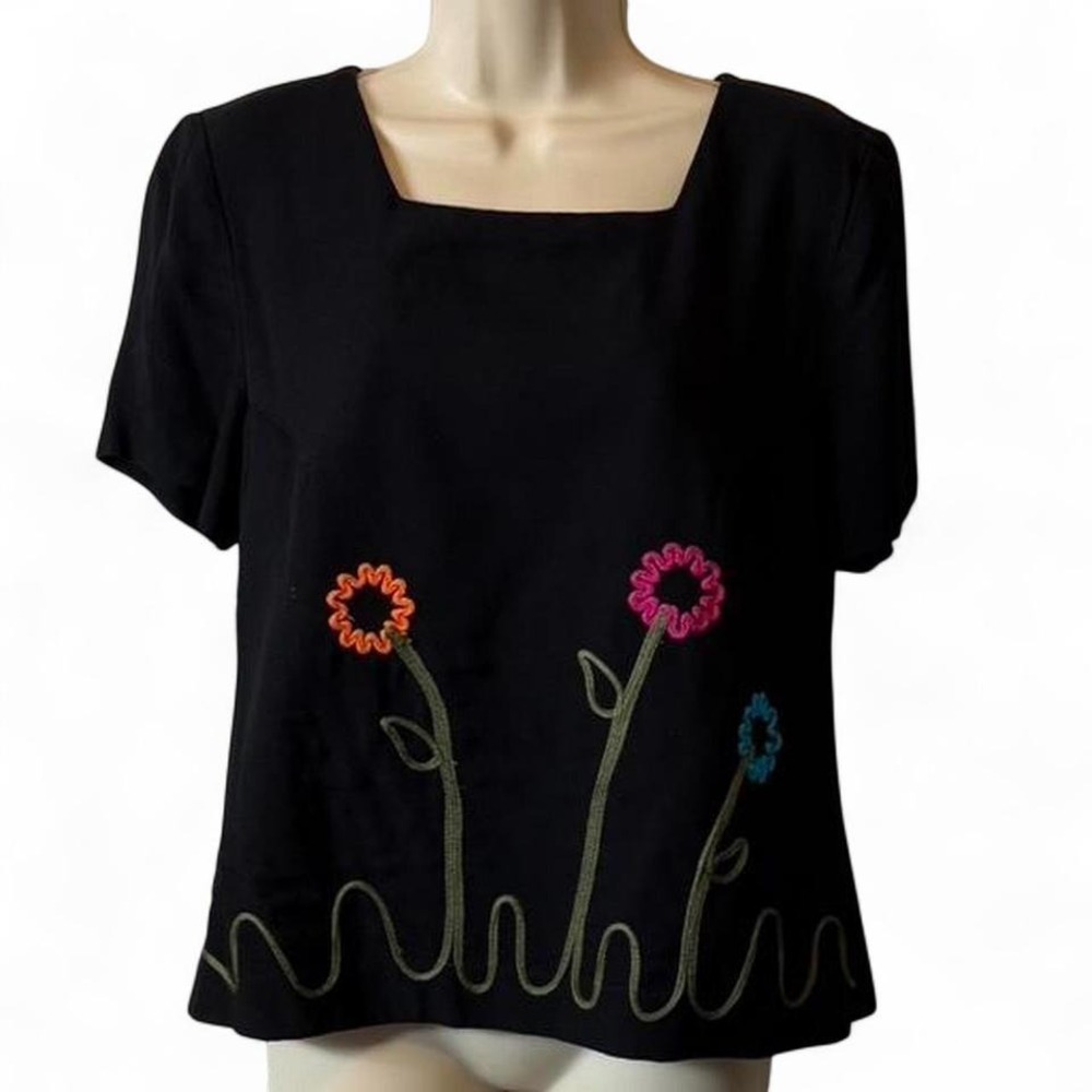 Vintage 90s Taurus II Black Square Neck Embroidered Blouse, Women's Size 14P
